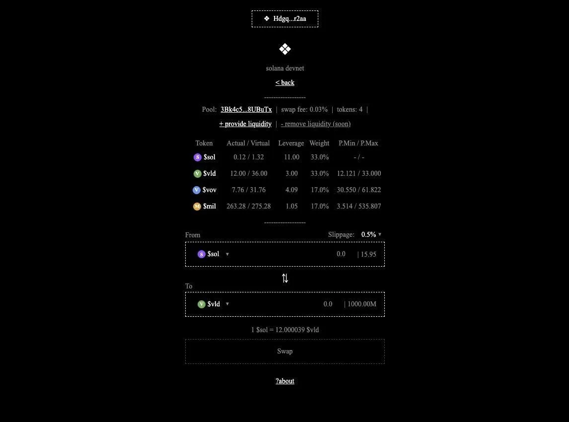 First devnet version of the app: a minimal page with a four-token pool's parameters and a swap form