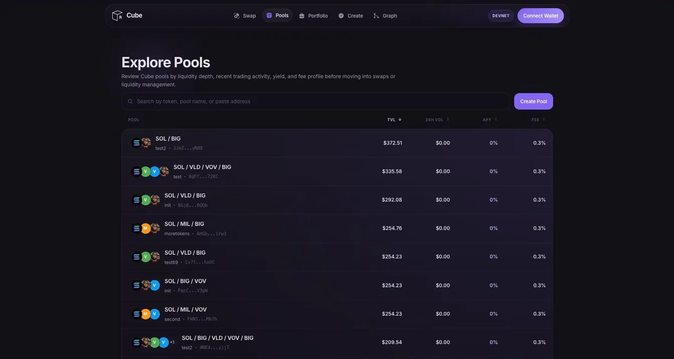 Third redesign of the app: the Explore Pools page with devnet test pools