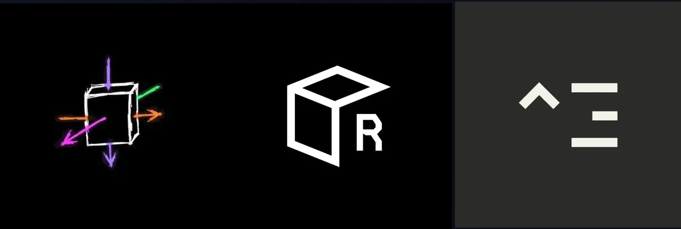 Three versions of the logo: a cube with arrows, a cube with the letter R, and the ^3 mark